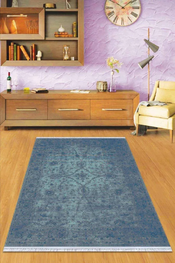 Kilim Yolluk 4 Metre Mavi Modern Dokuma Pamuk Tabanlı Kaymaz Kilim KLM045