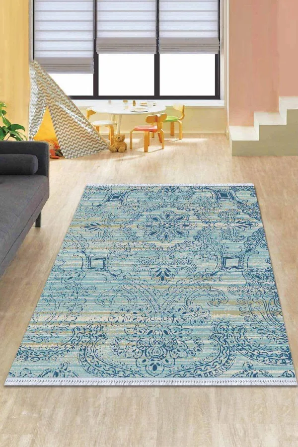 Kilim Yolluk 80X200 Mavi Modern Dokuma Pamuk Tabanlı Kaymaz Kilim KLM047
