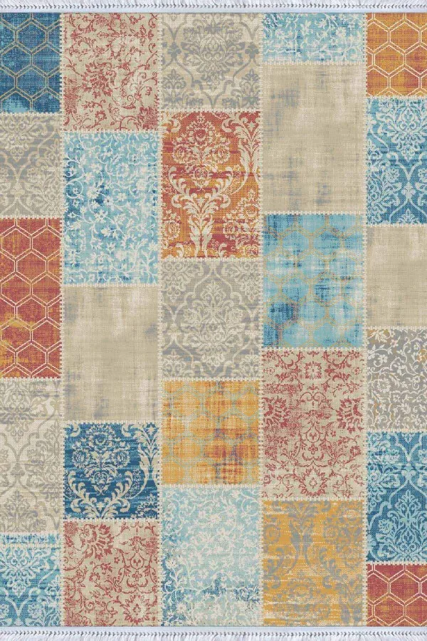 Kilim Şeklinde Halı Çok Renkli Patchwork Dokuma Pamuk Taban Kaymaz Kilim KLM055
