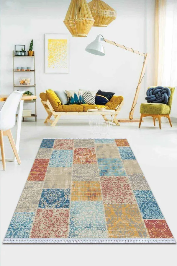 Kilim Şeklinde Halı Çok Renkli Patchwork Dokuma Pamuk Taban Kaymaz Kilim KLM055