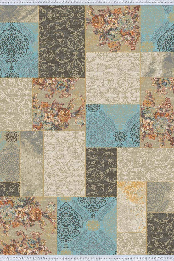 Kilim Tabanlı Halı Mavi Patchwork Dokuma Pamuk Taban Kaymaz Kilim KLM067