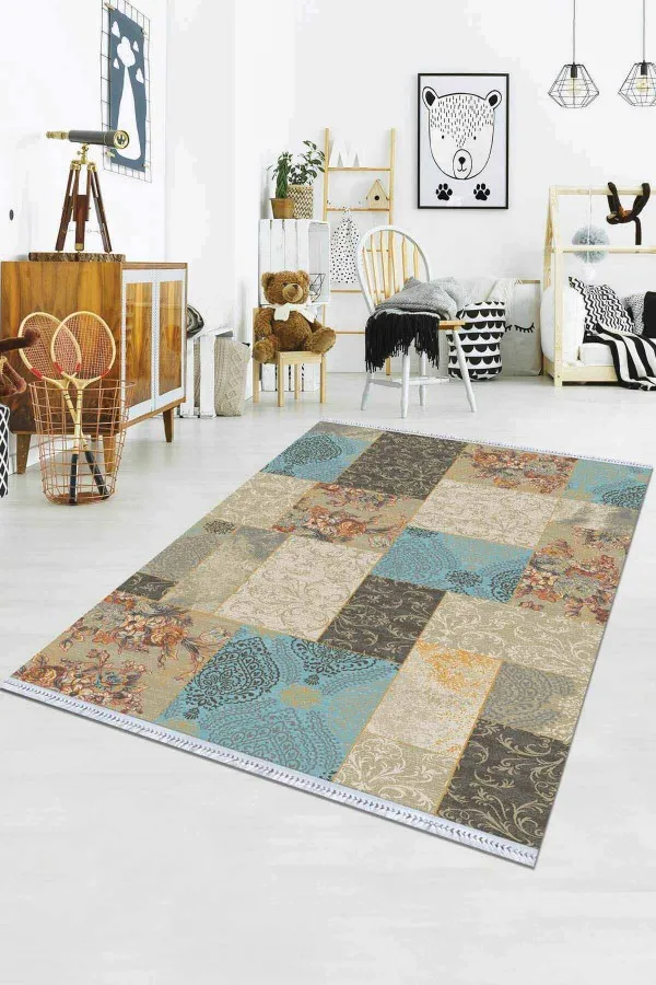 Kilim Tabanlı Halı Mavi Patchwork Dokuma Pamuk Taban Kaymaz Kilim KLM067