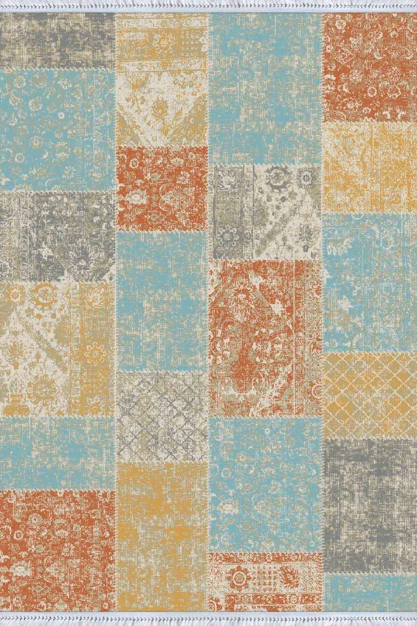Kilim Tarzı Halı Mavi Patchwork Dokuma Pamuk Taban Kaymaz Kilim KLM068
