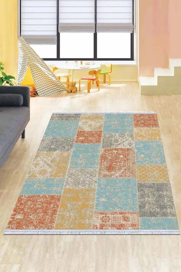 Kilim Tarzı Halı Mavi Patchwork Dokuma Pamuk Taban Kaymaz Kilim KLM068
