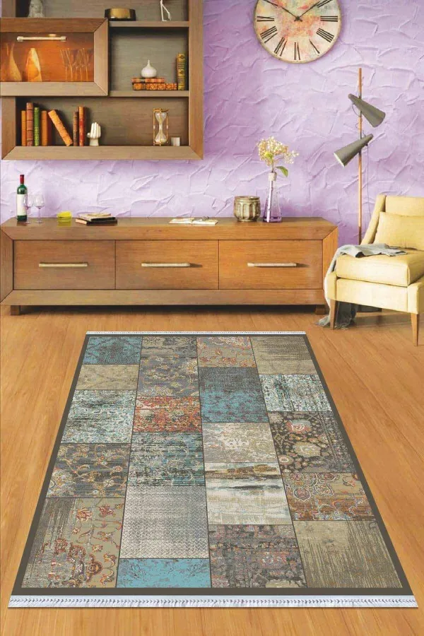 Kilim Toptancıları Mavi Patchwork Dokuma Pamuk Taban Kaymaz Kilim KLM071