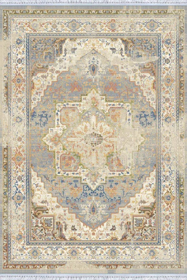 Güllü Kilim Krem Klasik Göbekli Dokuma Pamuk Taban Kaymaz Kilim KLM075