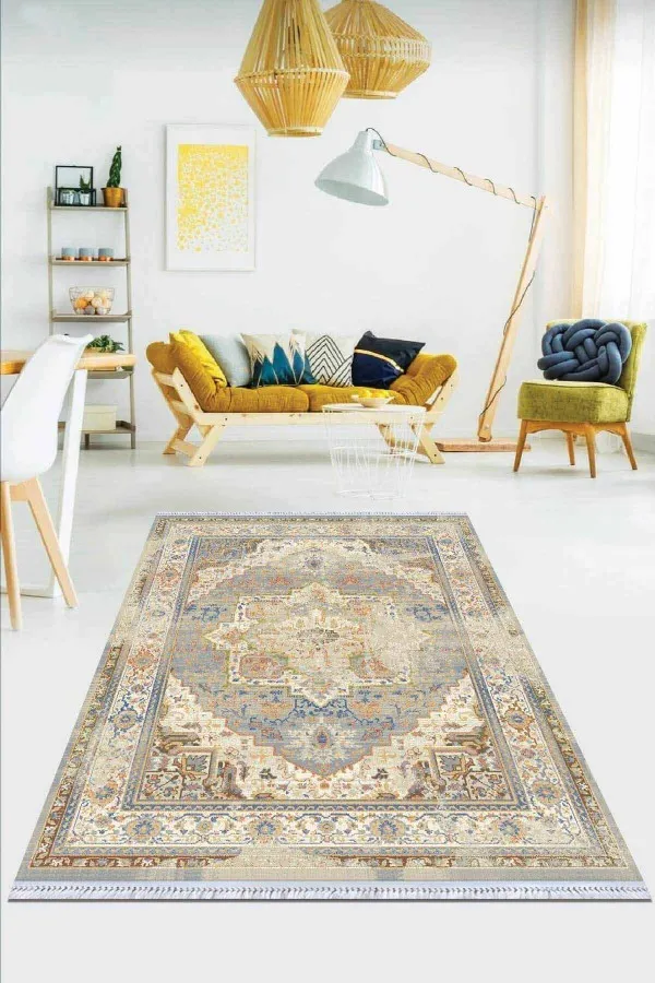 Güllü Kilim Krem Klasik Göbekli Dokuma Pamuk Taban Kaymaz Kilim KLM075