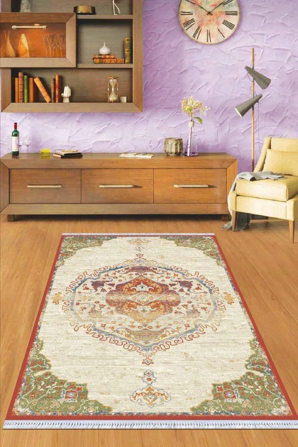 Kilim Tabanlı Dijital Halı Yeşil Klasik Göbekli Dokuma Pamuk Taban Kaymaz Kilim KLM081