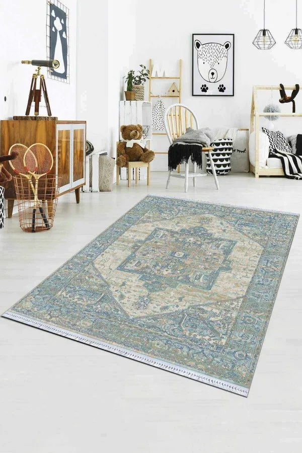 Kilim Halı Yıkama Mavi Klasik Göbekli Dokuma Pamuk Taban Kaymaz Kilim KLM084