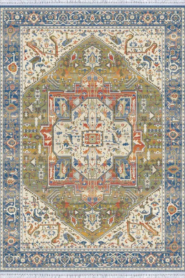 Makinede Yıkanabilir Kilim Yeşil Klasik Göbekli Dokuma Pamuk Taban Kaymaz Kilim KLM087