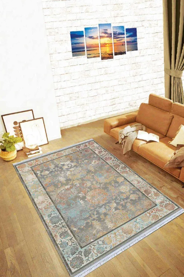 İnce Kilim Çok Renkli Çerçeveli Dokuma Pamuk Taban Kaymaz Kilim KLM093