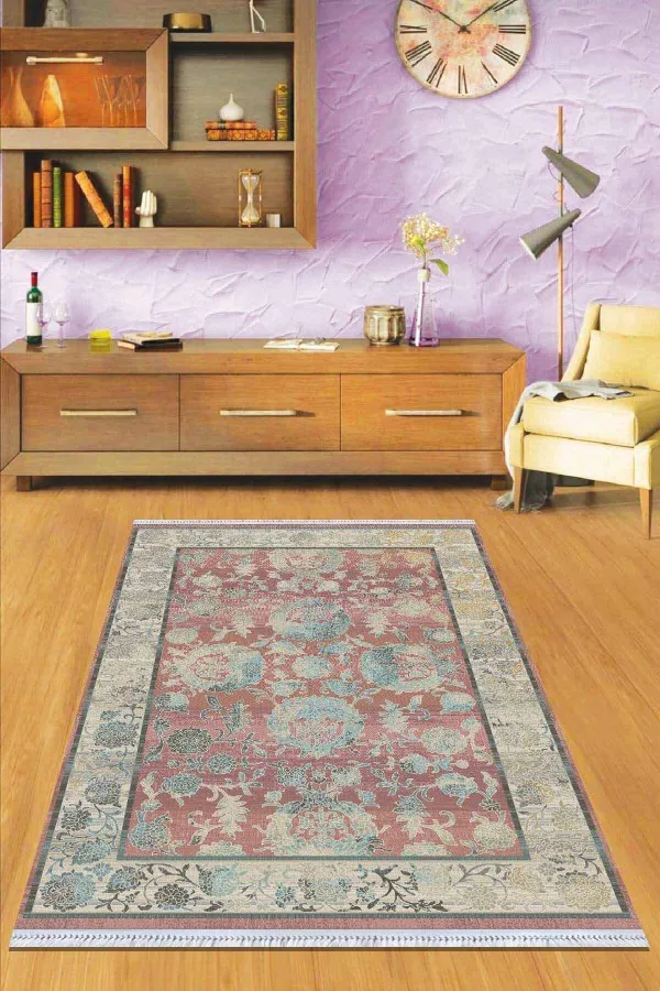 Mutfak Yolluk Kilim Pembe Çerçeveli Dokuma Pamuk Taban Kaymaz Kilim KLM094