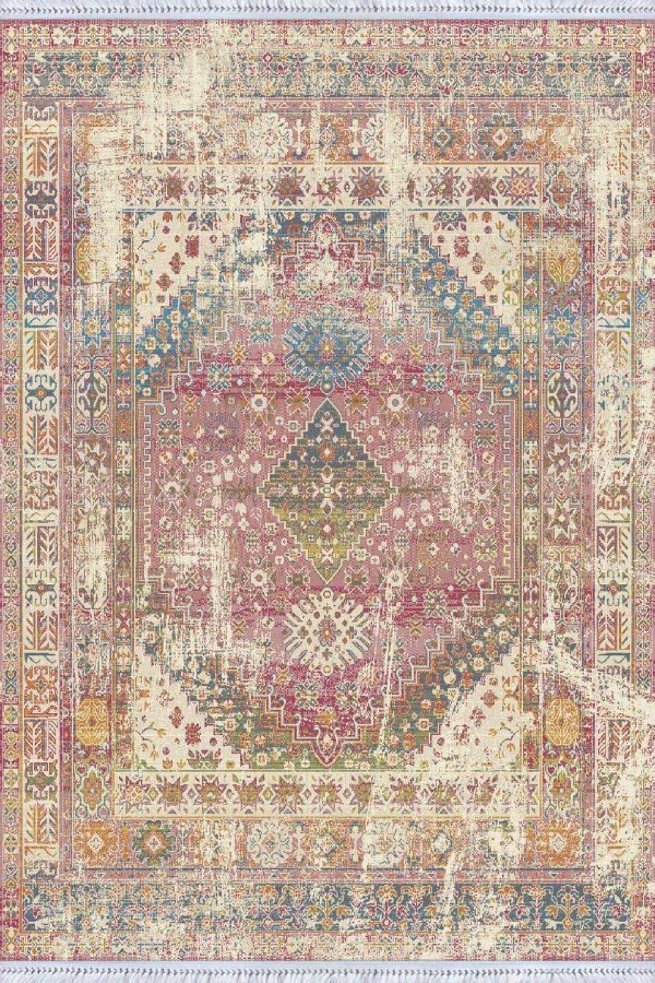 Pamuklu Kilim Pembe Klasik Göbekli Dokuma Pamuk Taban Kaymaz Kilim KLM108