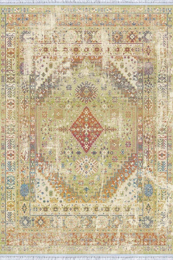 Pamuk Kilim Halı Yeşil Klasik Göbekli Dokuma Pamuk Taban Kaymaz Kilim KLM110