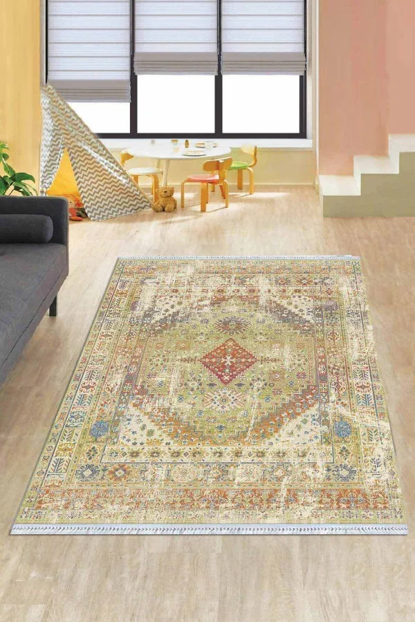 Pamuk Kilim Halı Yeşil Klasik Göbekli Dokuma Pamuk Taban Kaymaz Kilim KLM110