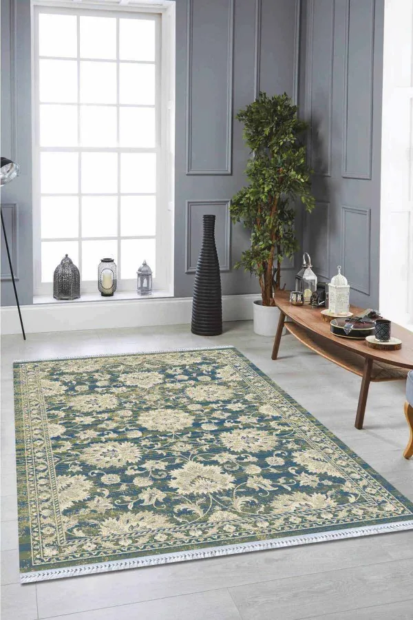 Yıkanabilir Kilim Halılar Yeşil Vintage Dokuma Pamuk Tabanlı Kaymaz Kilim KLM123