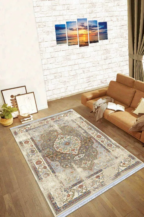 Kilim 80X200 Bej Klasik Göbekli Dokuma Pamuk Taban Kaymaz Kilim KLM133