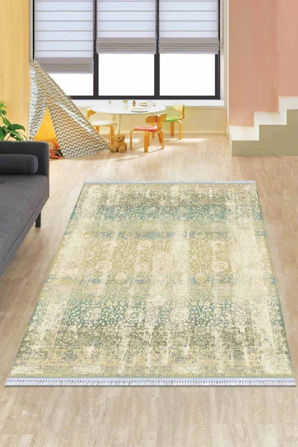 Yıkanabilir Kilim Yeşil Vintage Dokuma Pamuk Tabanlı Kaymaz Kilim KLM137