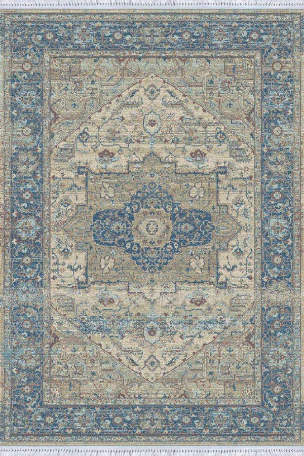 Mavi Klasik Göbekli Dokuma Pamuk Taban Kaymaz Kilim KLM147