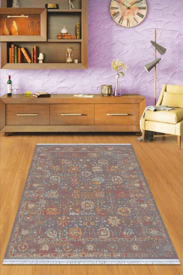 Kilim Çeşitleri Çok Renkli Çerçeveli Dokuma Pamuk Taban Kaymaz Kilim KLM151
