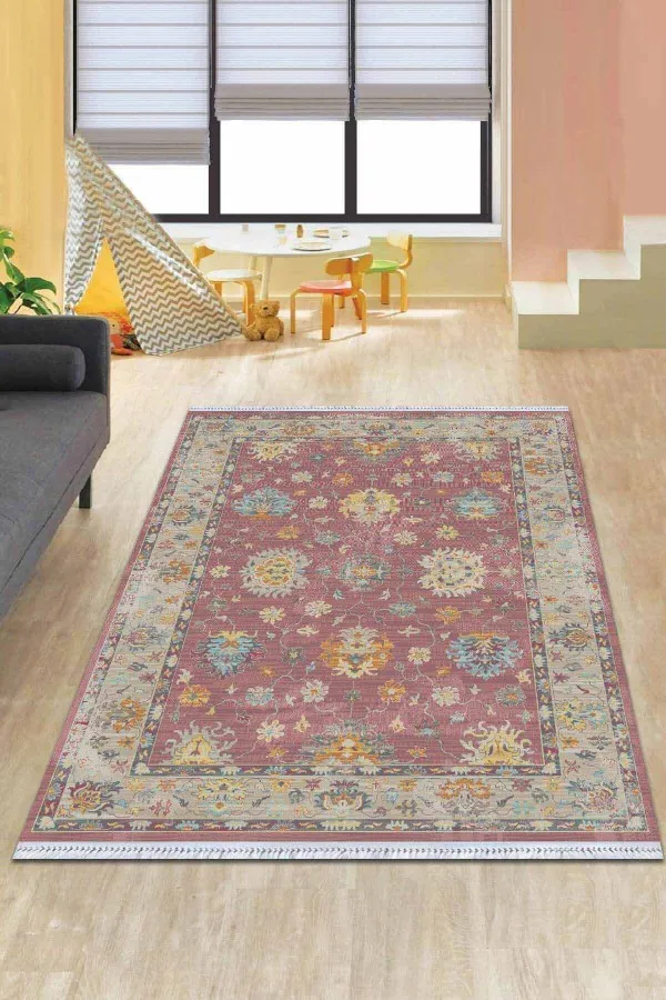 Ofis Kilim Pembe Çerçeveli Dokuma Pamuk Taban Kaymaz Kilim KLM154