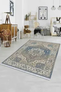 Mavi Klasik Göbekli Dokuma Pamuk Taban Kaymaz Kilim KLM155 Mavi Klasik Göbekli Dokuma Pamuk Taban Kaymaz Kilim KLM155