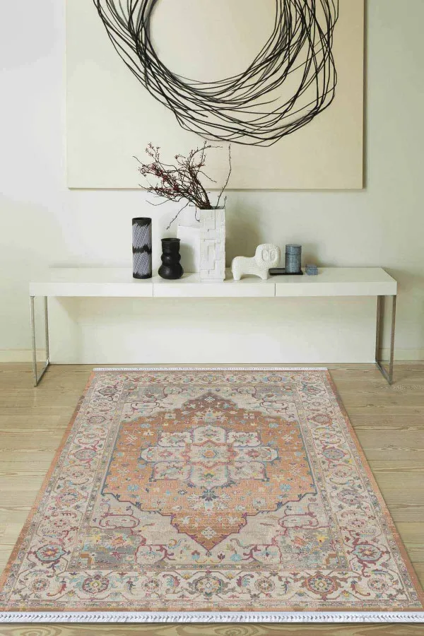 Yazlık Kilim Fiyatları Turuncu Göbekli Dokuma Pamuk Taban Kaymaz Kilim KLM156
