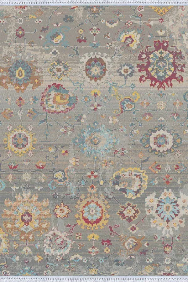 Antialerjik Yıkanabilir Kilim Gri Vintage Dokuma Pamuk Tabanlı Kaymaz Kilim KLM158