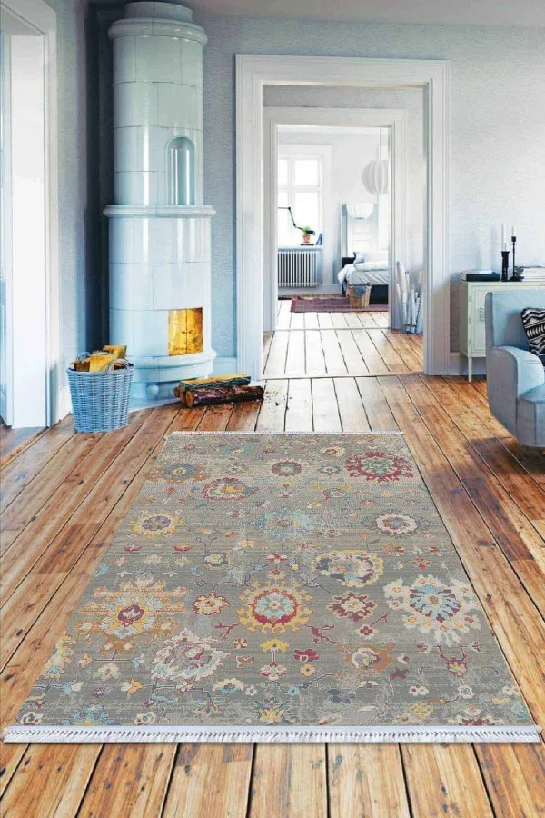 Antialerjik Yıkanabilir Kilim Gri Vintage Dokuma Pamuk Tabanlı Kaymaz Kilim KLM158