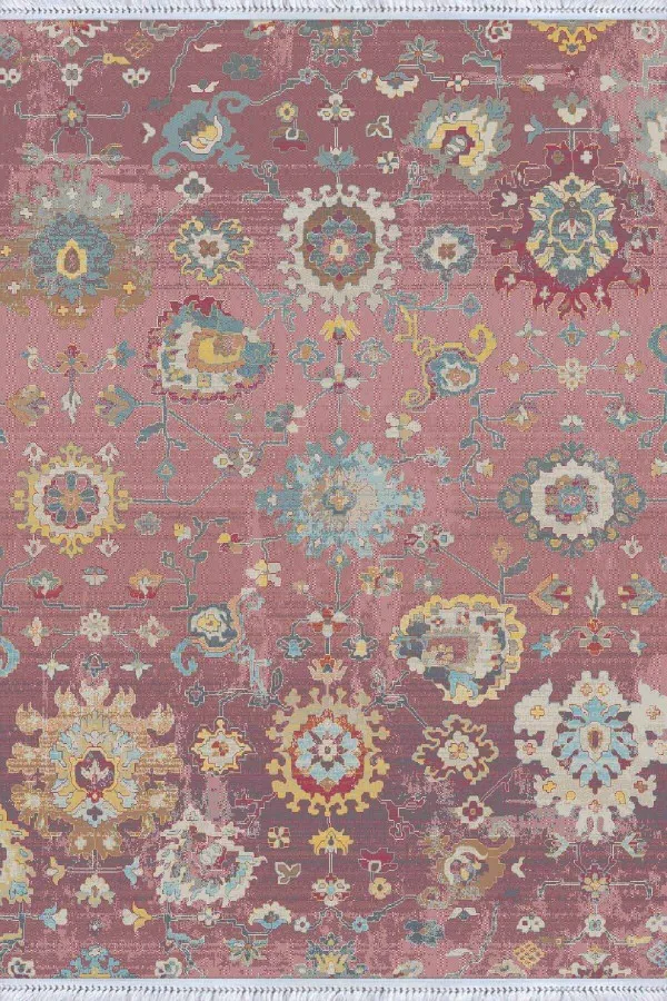 Otantik Kilim Desenleri Pembe Vintage Dokuma Pamuk Tabanlı Kaymaz Kilim KLM159
