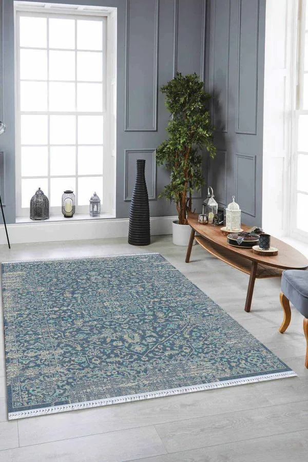 Kilim Desen Halılar Mavi Vintage Dokuma Pamuk Tabanlı Kaymaz Kilim KLM160