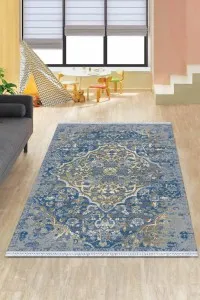 Mavi Klasik Göbekli Dokuma Pamuk Taban Kaymaz Kilim KLM162
