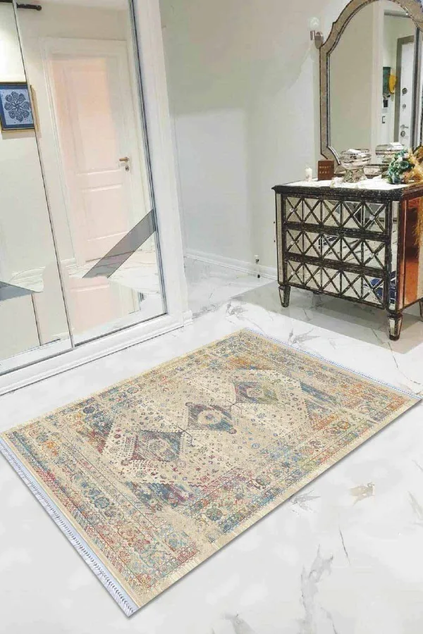 Cecim Kilim Fiyatları Krem Vintage Dokuma Pamuk Tabanlı Kaymaz Kilim KLM166