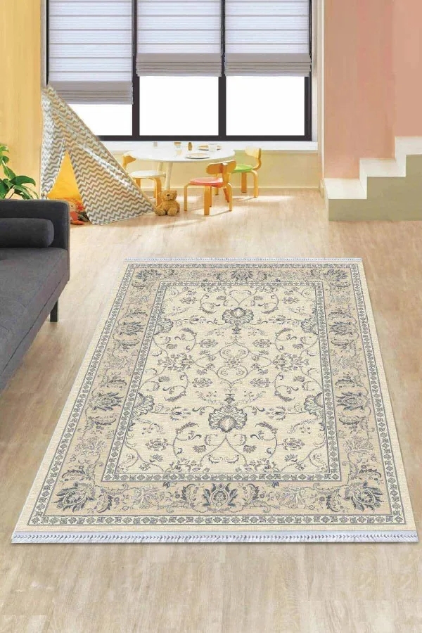 Büyük Kilim Krem Çerçeveli Dokuma Pamuk Taban Kaymaz Kilim KLM171