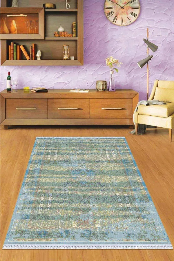 Yıkanabilir Kilim Halı Yeşil Vintage Dokuma Pamuk Tabanlı Kaymaz Kilim KLM177