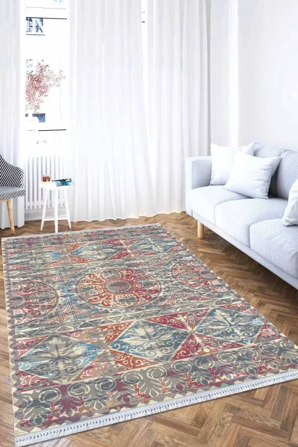Desenli Kilim Çok Renkli Vintage Dokuma Pamuk Taban Kaymaz Kilim KLM181