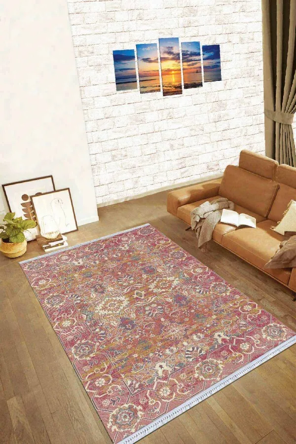 Otantik Kilim Halı Pembe Vintage Dokuma Pamuk Tabanlı Kaymaz Kilim KLM183