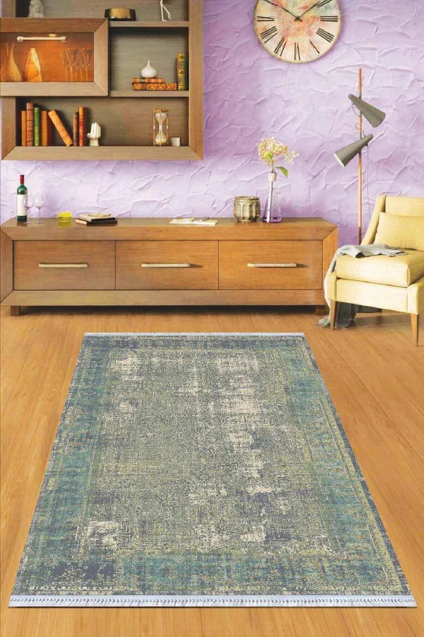 Mutfak İcin Kilim Yeşil Çerçeveli Dokuma Pamuk Taban Kaymaz Kilim KLM186