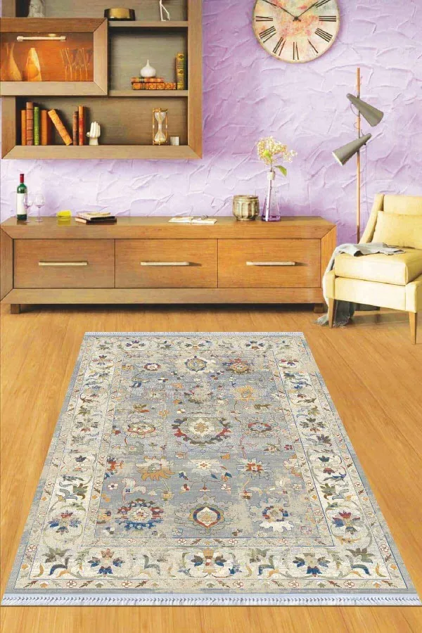 6 Metre Kilim Gri Çerçeveli Dokuma Pamuk Tabanlı Kaymaz Kilim KLM193