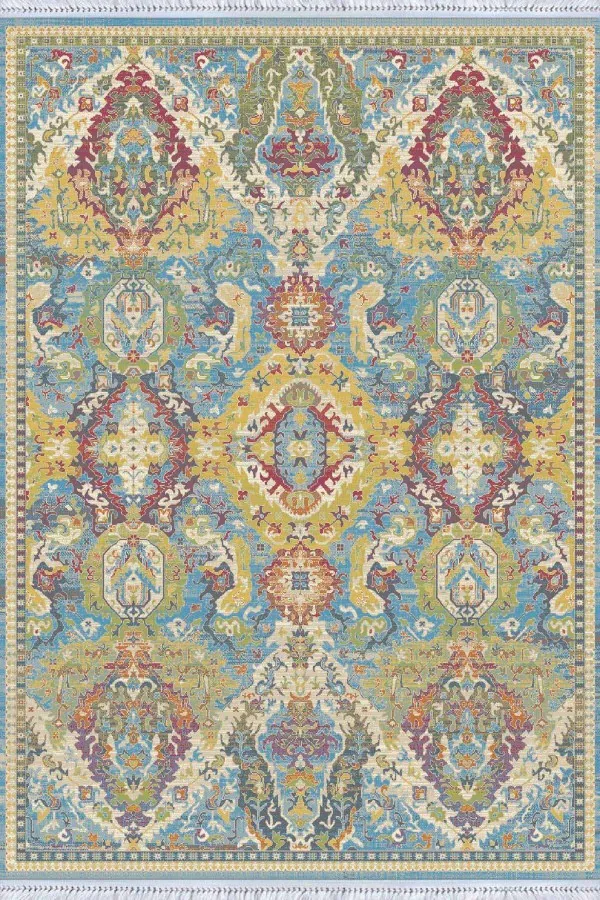 Kilim Desenleri Mavi Vintage Dokuma Pamuk Tabanlı Kaymaz Kilim KLM210