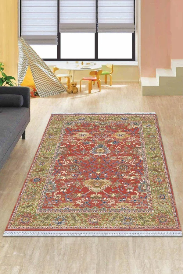 Osmanlı Desenli Halı Modelleri Pembe Çerçeveli Dokuma Pamuk Taban Kaymaz Kilim KLM214