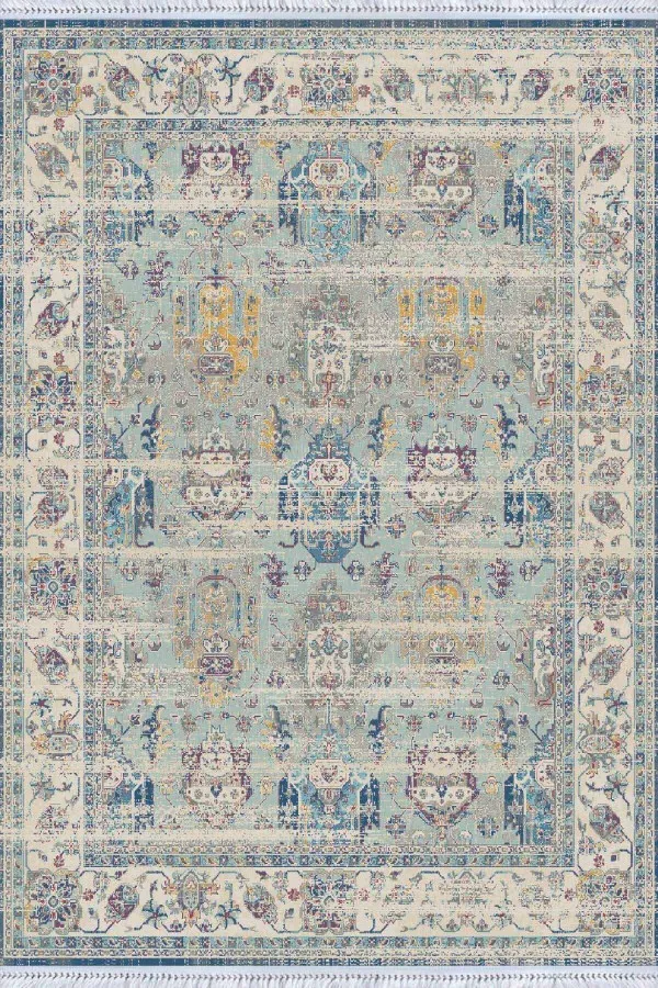 Makinede Yıkanabilir Kilim Halı Mavi Çerçeveli Dokuma Pamuk Taban Kaymaz Kilim KLM219