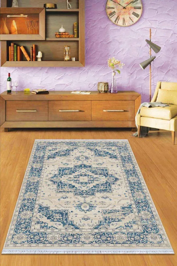 Kilim Modern Mavi Klasik Göbekli Dokuma Pamuk Taban Kaymaz Kilim KLM228