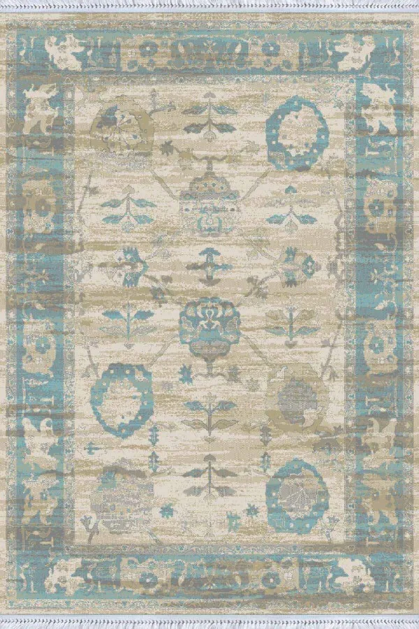 Makinede Yıkanan Kilim Mavi Çerçeveli Dokuma Pamuk Taban Kaymaz Kilim KLM230