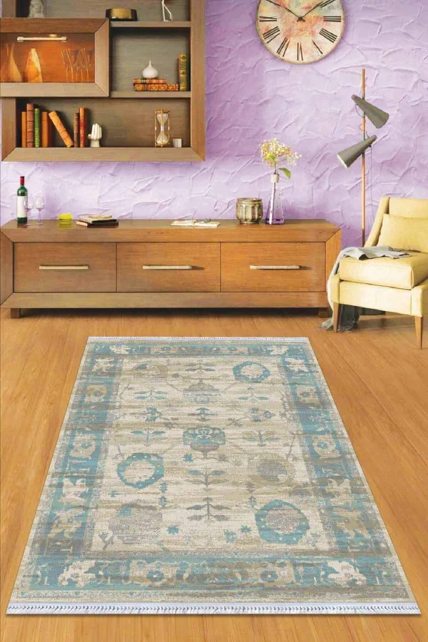 Makinede Yıkanan Kilim Mavi Çerçeveli Dokuma Pamuk Taban Kaymaz Kilim KLM230