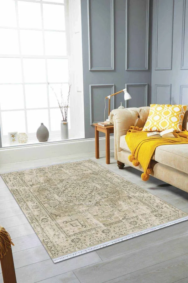 Çiçek Desenli Kilim Krem Vintage Dokuma Pamuk Tabanlı Kaymaz Kilim KLM234