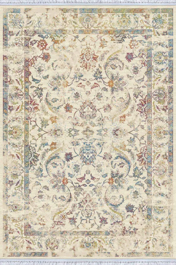 Büyük Kilim Fiyatları Krem Çerçeveli Dokuma Pamuk Taban Kaymaz Kilim KLM241