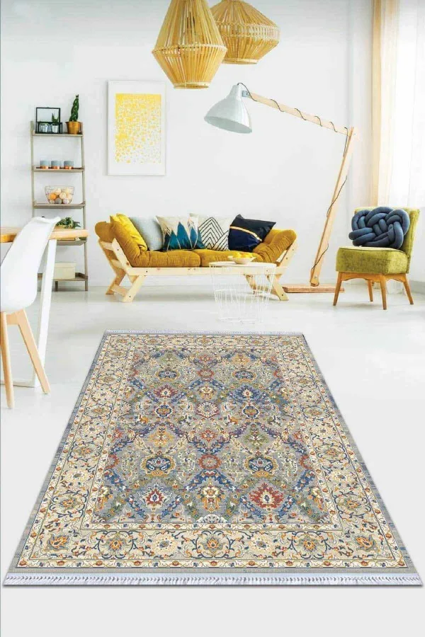 Kapı Önü Kilim Çok Renkli Çerçeveli Dokuma Pamuk Taban Kaymaz Kilim KLM242