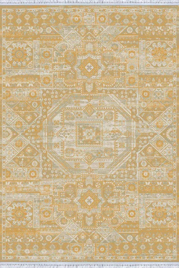 Salon Kilimi Sarı Vintage Dokuma Pamuk Tabanlı Kaymaz Kilim KLM249