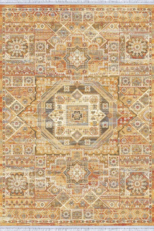 Salon Kilimleri Sarı Vintage Dokuma Pamuk Tabanlı Kaymaz Kilim KLM251